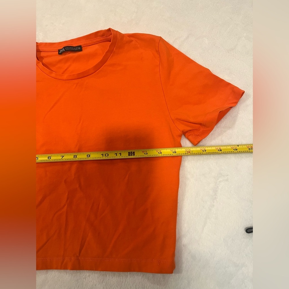 Zara Bright Orange Cotton Blend Cropped Tee - Size M - Picture 6 of 8